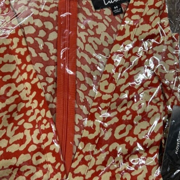 NWT Lulus Simply Love Beige and Red Leopard Print Satin Midi Dress - Picture 6 of 9